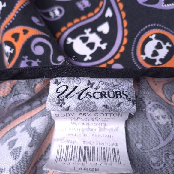 US Scrubs Top Halloween Paisley Skull Print Scrub Shirt Large Pockets Tie Back - Picture 6 of 6